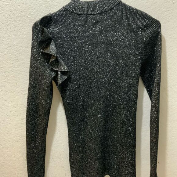 Ted Baker Addale Silver Metallic Black Rib Knit Sweater Ruffle SZ 1 /US 4 NWOT - Picture 7 of 9